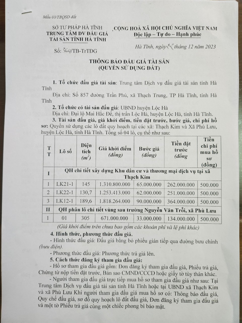 Thông báo đấu giá quyền sự dụng đất trên địa bàn xã Phù Lưu, xã Thạch Kim, huyên Lộc Hà,