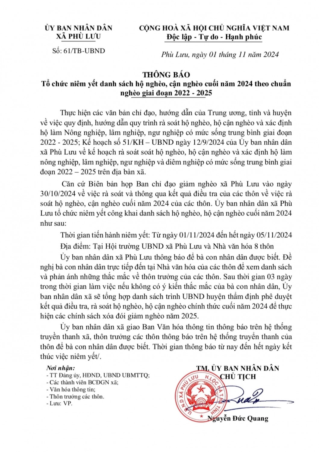 xã Phù Lưu thông báo về niêm yết danh sách hộ nghèo, cận nghèo cuối năm 2024 theo chuẩn nghèo giai đoạn 2022 - 2025